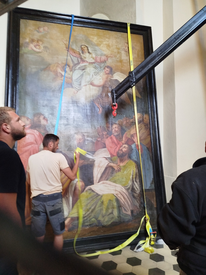 Restauration d'un tableau à l'église de Vogüé par l'atelier ROJON du Teil