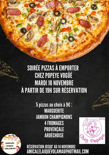 Soirée pizzas de l'amicale chez Popeye le mardi 18 novembre