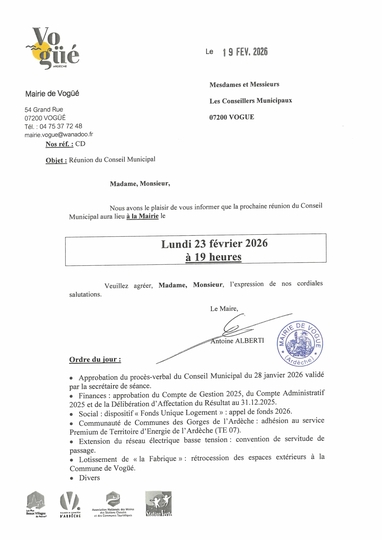 CONSEIL MUNICIPAL LE 23/02/2026 à 19H