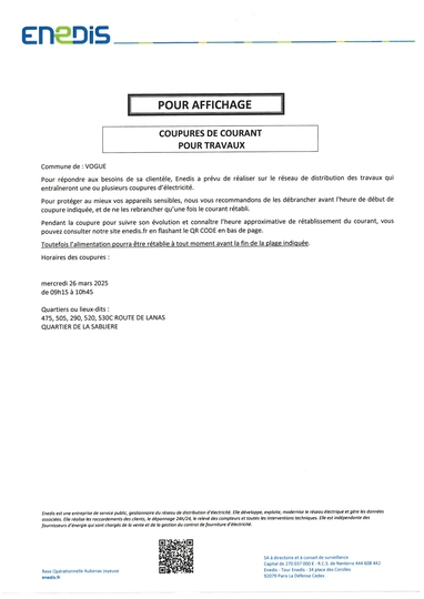 Coupure de courant pour travaux le 26 mars
