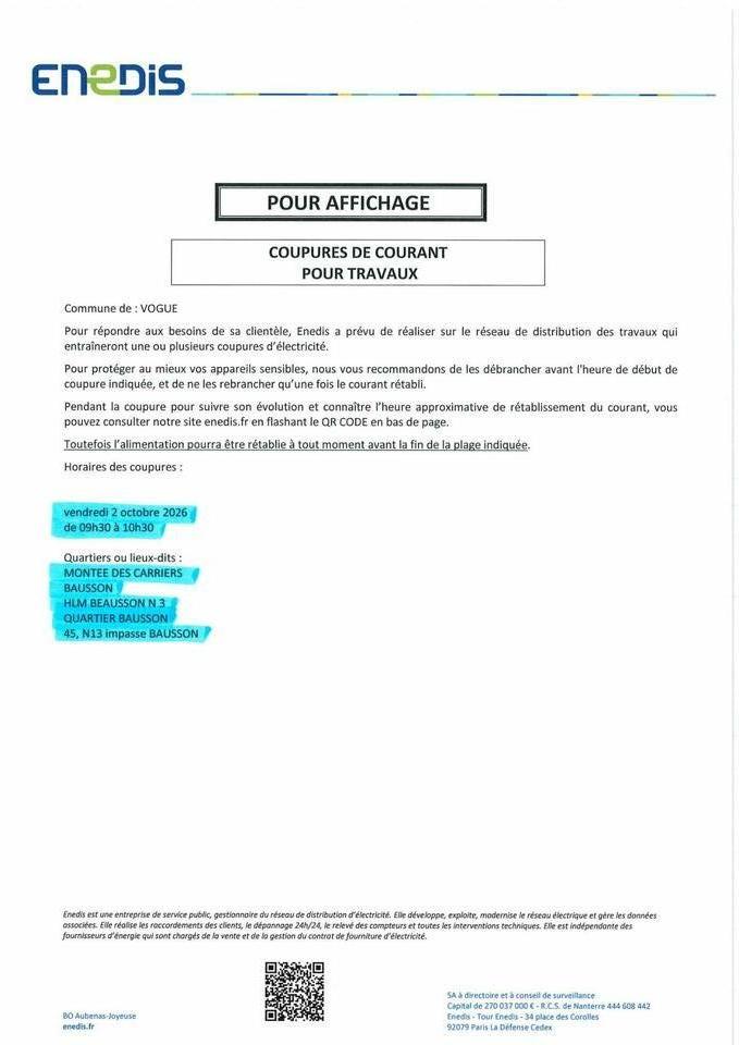 Coupure de courant pour travaux le 2 octobre 2026