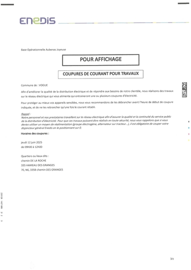 Coupure de courant pour travaux le 12 juin de 9h à 12h