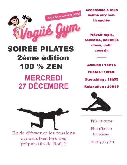 Soirée Pilates organisée par Vogüé Gym mercredi 27 décembre à partir de 18h15 salle polyvalente