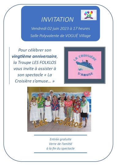 Spectacle des Folklos vendredi 2 juin 17h à la salle polyvalente